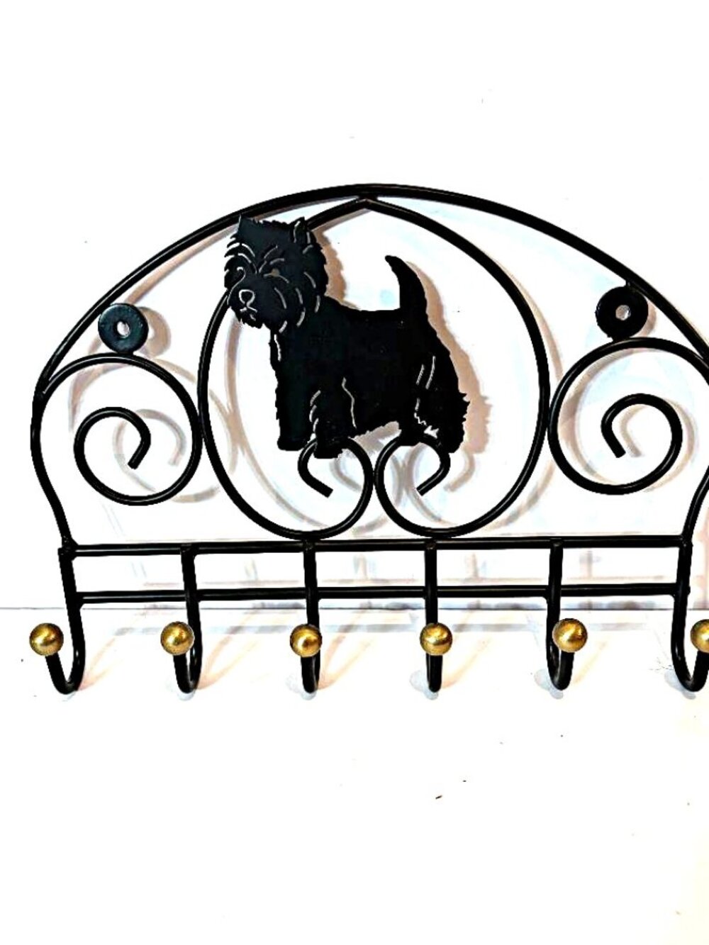 Metal Scrollwork Wall-Mount Terrier Silhouette Key Rack Leash Holder 6 hooks